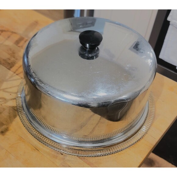 VTG tall Cake Keeper 50s 60s 70s Round footed Glass tray w metal cover 12.5 x 6